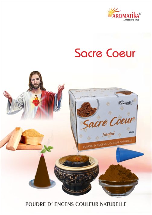 AROMATIKA POUDRE ENCENS 100g (avec kit pour cônes) SACRE COEUR DE JESUS – Parfum SANTAL (couleur naturelle)