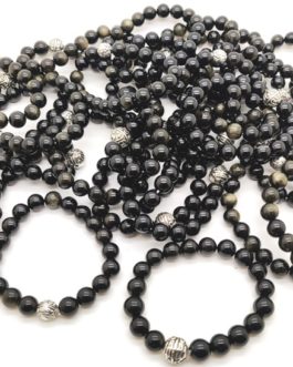 REF501A – BR. PIERRE perles 10mm avec 1 perle métal OBSIDIENNE DOREE