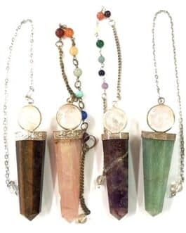 -N.509 – PENDULE SPIRITUEL AVEC SPHERE CRISTAL (Reste ces 4 pcs : Oeil Tigre, Quartz rose, Améthyste, Aventurine verte)