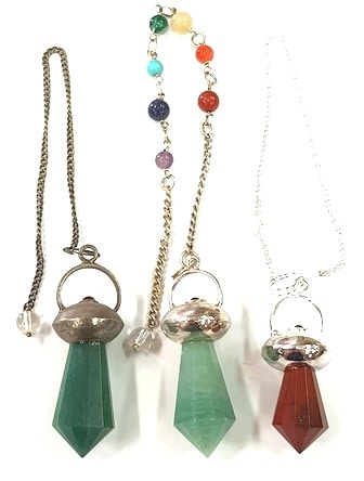 -N.509 – PENDULE SPIRITUEL AVEC SPHERE CRISTAL (Reste ces 4 pcs : Oeil Tigre, Quartz rose, Améthyste, Aventurine verte)